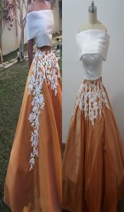 Gouden taft witte kanten avondjurken sexy off schouderbodem lengte ritssluiting tweedelig prom jurken 2016 Arabische dubai dames jurk2226326