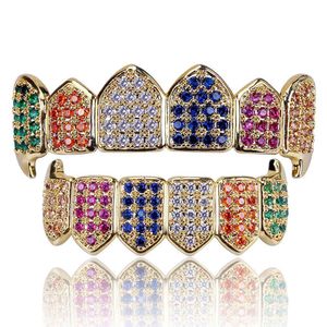 Gouden tanden Grillz Multi-Color Micro Pave CZ Bling Cubic Zirconia Top Bottom Grillzs Hip Hop Sieraden