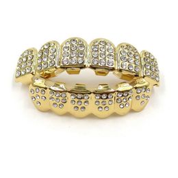 Dientes de oro Grillz, conjunto de parrillas brillantes con diamantes de imitación, dientes helados, joyería de Hip Hop