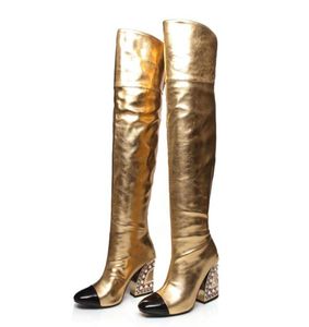 Gold CHIGH BOOTS HEURS CRISTAL Long Boot Veurs Générat en cuir Bottes chevaliers hautes Talon Chunky sur les chaussures du genou Chaussures femme 9256855