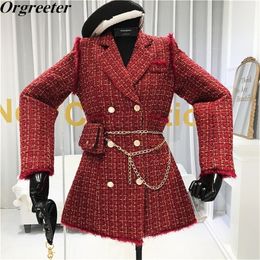 Hilo de oro Traje a cuadros Abrigo Mujer Muesca Doble botonadura Pluma Borla Trim Slim Tweed Chaqueta con cinturón gratis 220811