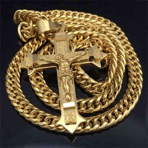 Gold Tone Cross Christus Jezus Hanger Ketting Rvs Link Rolo Ketting Zware Mannen Sieraden Gift 21.65 