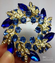 Gold Tone Royal Blue Rhinestone Crystal Diamante Krans Flower Party Diamante broche pin9338479