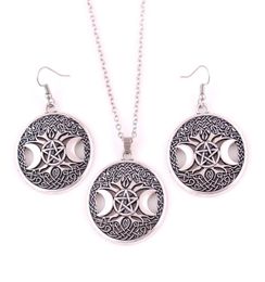Goud Triple Maangodin Wicca Pentagram Magische Amulet Hanger Vrouwen Boom Maan Kettingen Oorbel Set Jewelry1150796