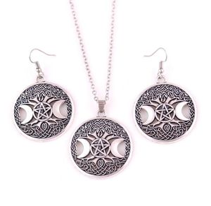 Gouden drievoudige maangodin Wicca Pentagram Magic Amulet Hanger Women Tree Moon kettingen Oorring Set Jewelry2354945