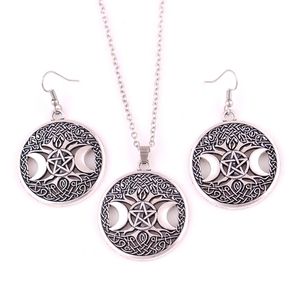 Or Triple Lune Déesse Wicca Pentagramme Amulette Magique Pendentif Femmes Arbre Lune Colliers Boucle D'oreille Ensemble Jewelry246r