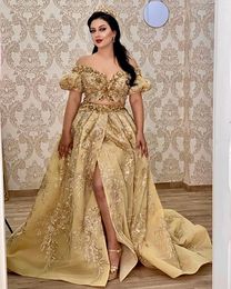 Gouden Tunesië avond Arabische glitterjurken Lace Appliques voorste split twee stuks prom jurk korte mouwen moderne speciale ocn -jurken voor vrouwen 2024