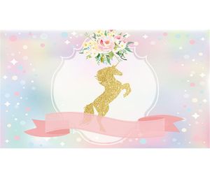 Gouden Eenhoorn Verjaardagsfeestje Pography Achtergrond Roze Lint Digitale Gedrukte Bloemen Bokeh Baby Douche Po Achtergrond voor Studio1851695