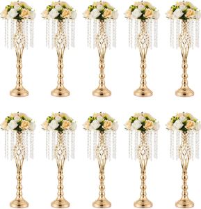 Vase doré pour centres de Table de mariage, décorations de Table avec lustre en cristaux, support de fleurs en métal pour mariage