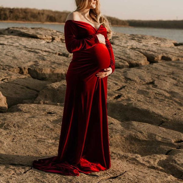Robe de maternité en velours d'or pour séance photo V-cou Femmes enceintes Photographie Robe Baby Shower Party Longue Maxi Robe de grossesse X0902