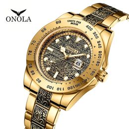 Gold Watches Men Onola 2020 Nieuwe luxe mode vintage roestvrijstalen kwarts herenhorloge casual gouden polshorloge t200909