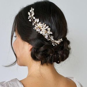 Gouden bruiloft headpieces Hair Comb Flower Tiara Handmade Pearl Rhinestone hoofdtooi Prom Bruidal Women Sieraden Accessoires