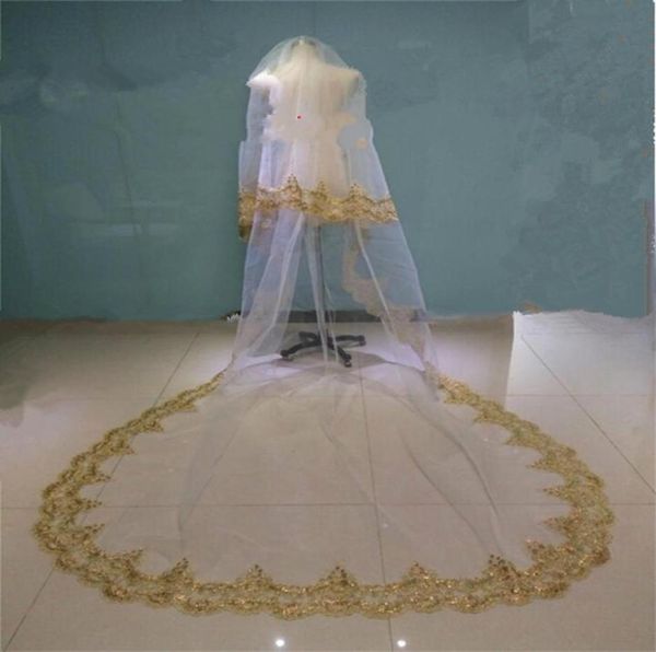 Voiles de mariage dorés à paillettes, voile de mariée cathédrale de luxe, bord en dentelle appliqué, deux couches, sur mesure, long voile de mariage rapide 7328578