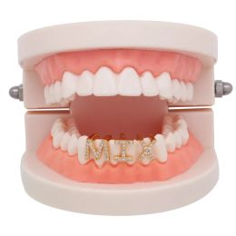 Gouden wit goud Iced out a-z aangepaste letter luxe grillz volledige diamanten tanden diy fang grills bodem tanddop heuphop tandheelkundige tanden beugel