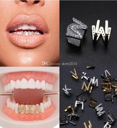 Gol White Gold Iced Out AZ Lettre personnalisée Grillz Full Diamond Dentans DIY FANG GRILLS COSPLAY TOTH CAP