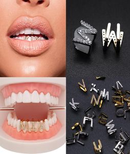 Goud Wit Goud Iced Out AZ Aangepaste Brief Grillz Volledige Diamant Tanden DIY Fang Grills Onderste Tand Cap Hip Hop Tandheelkundige Mond Teeth3942080