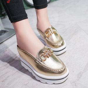 or blanc argent Femme Mules Chaussures Sandales Strass Chaînes Boucle En Métal Conception Pantoufles Baotou Plate-Forme Chaussures Compensées Pantoufle