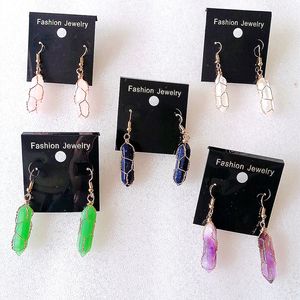 Gold Wire Wrap Hexagon Prism Natuursteen Dangle Oorbellen Rose Quartz Healing Crystal Earings Earring voor vrouwen sieraden