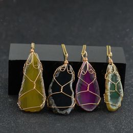 Gouden draad wrap onregelmatige semi-valse stenen agaat ketting hanger roestvrijstalen ketting kettingen voor vrouwen mannen fijne mode sieraden