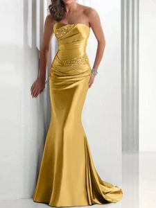 Goud Dames Elegante Avond Formele Jurk 2024 Strapless Kralen Lace Up Satijn Zeemeermin Galafeest Jurken Robe De Soiree Vestidos Feest