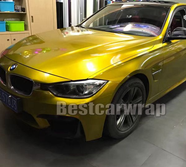 jaune d'or Gloss Candy Metallic Vinyl WRAP Wrap de voiture entière avec de la colle à faible adhérence sans bulles d'air qualité initiale 3M 1.52x20m / Roll (5x65ft