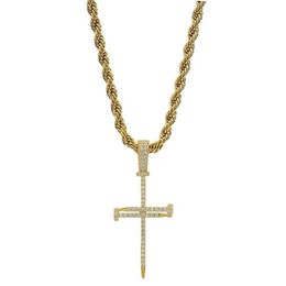 Or Zircon clou croix pendentif or argent cuivre matériel glacé croix CZ pendentifs collier chaîne mode Hip Hop bijoux 291j