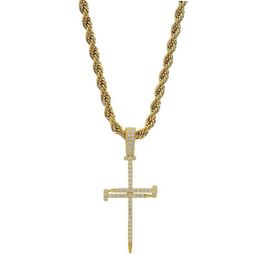 Colgante de Cruz de circón dorado para uñas, Material de cobre, plata y oro, colgantes de circonia cúbica cruzada, collar, cadena de moda, joyería de Hip Hop 292U