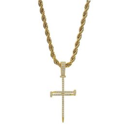 Or Zircon clou croix pendentif or argent cuivre matériel glacé croix CZ pendentifs collier chaîne mode Hip Hop bijoux 300L