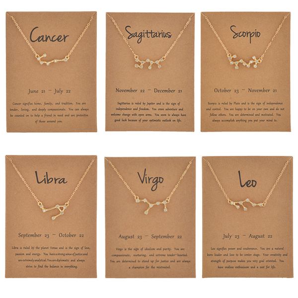 Collares de oro del zodiaco para mujeres Signo del horóscopo Cubic Zirconi 12 Constelación Joyería Estrella Galaxy Libra Astrología Regalo de cumpleaños con tarjeta de venta al por menor