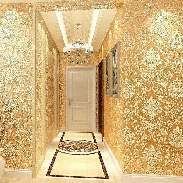 Papier peint gaufré 3D doré en rouleau, classique, argenté, Floral, pour salon, chambre à coucher, arrière-plan de télévision, décoration 264W