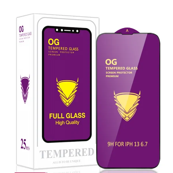 Protectores de pantalla de vidrio templado Golden Armor OG 9H Cobertura de pegamento completo premium para iPhone 15 14 PRO MAX 13 A51 A32 caja de paquete de película protectora de pegamento adhesivo