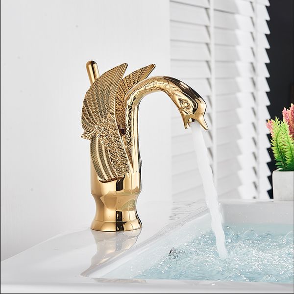 Basin doré Robinet en laiton de pont en laiton robinets de salle de bain Swan Shape Single Handle Wafatory Waveratory Hot Cold Water Mixer Taps