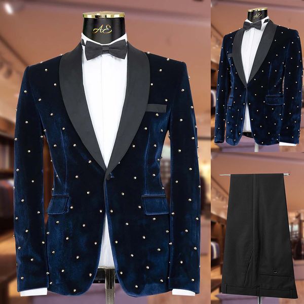 Golden Beads Men Wedding Tuxedos 2 piezas Tailored Peaked Lapel Outfits Groom Black Pants Sets