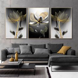 Gouden Zwarte Bloem Poster Light Luxe Canvas Prints Abstract Schilderij Wall Art Pictures voor Woonkamer Sofa Modern Home Decor