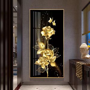 Golden Black Flower Rose Butterfly Samenvatting Poster Noordse kunst Plant Canvas schilderen Moderne muurfoto voor woonkamer decor