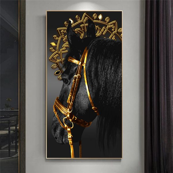 Póster de caballo negro dorado, impresiones en lienzo de animales, imágenes artísticas de pared para la entrada de la sala de estar, pintura moderna para decoración del hogar, Cuadros