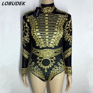 Gouden zwarte strass bodysuit heldere kristallen turnpakje elastische Catsuit Occident stijl vrouwen zanger Bar DJ kostuums Party Show W325k