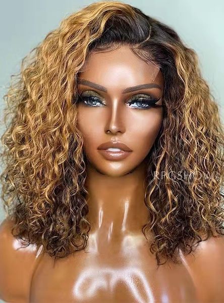 Golden blonde ombre lâche bouclés bob avant de lacet perruques de cheveux humains pré plumé hd perruque indétectable à vendre 150% magnifique cuir chevelu naturel