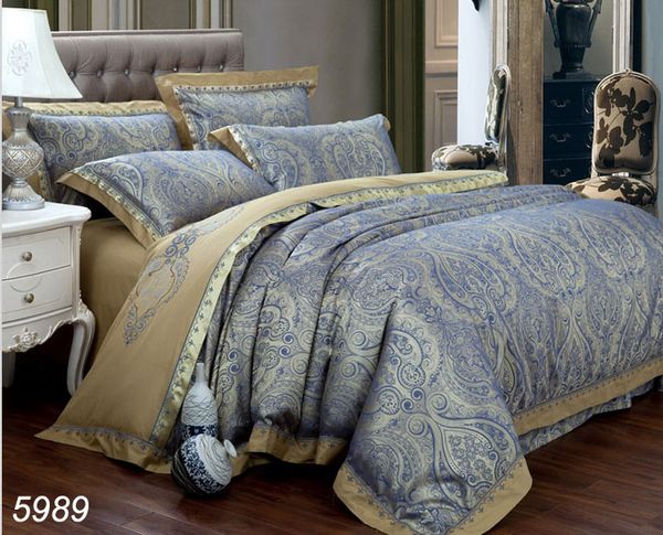 Juegos de cama de seda jacquard bordados en azul dorado, juego de cama de 4 Uds para boda, textiles para el hogar, ropa de cama, nueva moda, gran oferta 5989