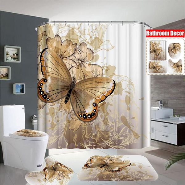 Cortina de ducha impermeable con estampado de mariposa dorada, alfombrillas antideslizantes para baño, alfombras de baño, cubierta de asiento de inodoro, alfombrilla decorativa para suelo, cortinas