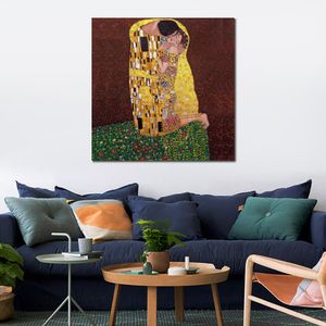 Toile dorée Art le baiser en rouge Blackground carré Gustav Klimt peinture à la main oeuvre luxe hôtel décor