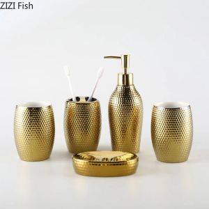 Golden Ceramic Wash Kit Hotel Handwasfles Mondwater beker Creatieve zeep Dispenser Soap Dish Set Home Badkameraccessoires Set