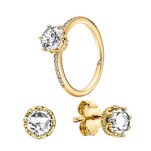 Golden Crown Stud Earrings Ring Set for Pandora Luxury Crystal Diamond Party Jewelry For Women High quality designer Gold Rings Earring set with Original Box
