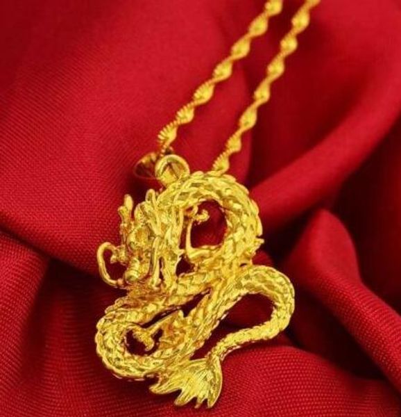 Golden Dragon Pendentif Collier Chaîne Femmes Hommes Or Jaune 24K Bijoux Remplis