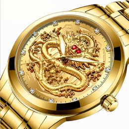 Golden Dragon – montre pour hommes, cadran rouge incrusté de diamants Non mécaniques, mode moyen et vieillesse