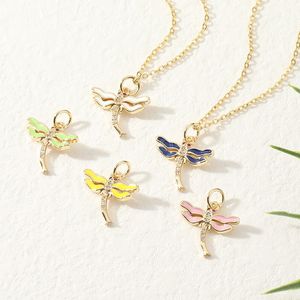 Golden Dragonfly Ketting Hanger Koper Zirconia Emaille Dier Vorm Ketting Voor Vrouwen Zomer Partij Sieraden Geschenken