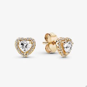 Gouden verhoogde hartstudie oorbellen voor Pandora Real Sterling Silver Wedding Earring Set Designer sieraden voor vrouwen Crystal Diamond Gold Earring met originele doos