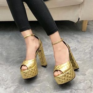 Goldene bestickte Karos Ankle-Strap Plateausandalen klobige Absätze hochhackige Sandaletten mit Blockabsatz Superhohe Luxus-Designerschuhe für Damen Abendschuhe 34-41