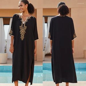 Golden Embroidery v Neck Beach Cover Up Saida de Praia Swimsuit Women Bikini Tunics for Pareo Sarong Beachwear