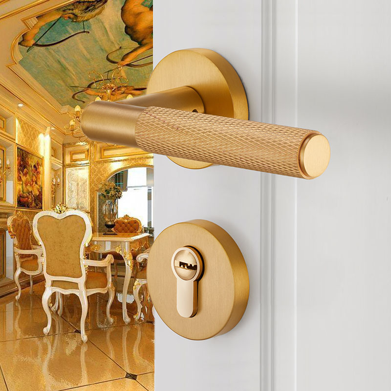 Golden Europen Room Locks Solid Brass Indoor Lock Modern Luxury Wood Door Handle Lockset Bedroom Bookroom Round Rod Locksets